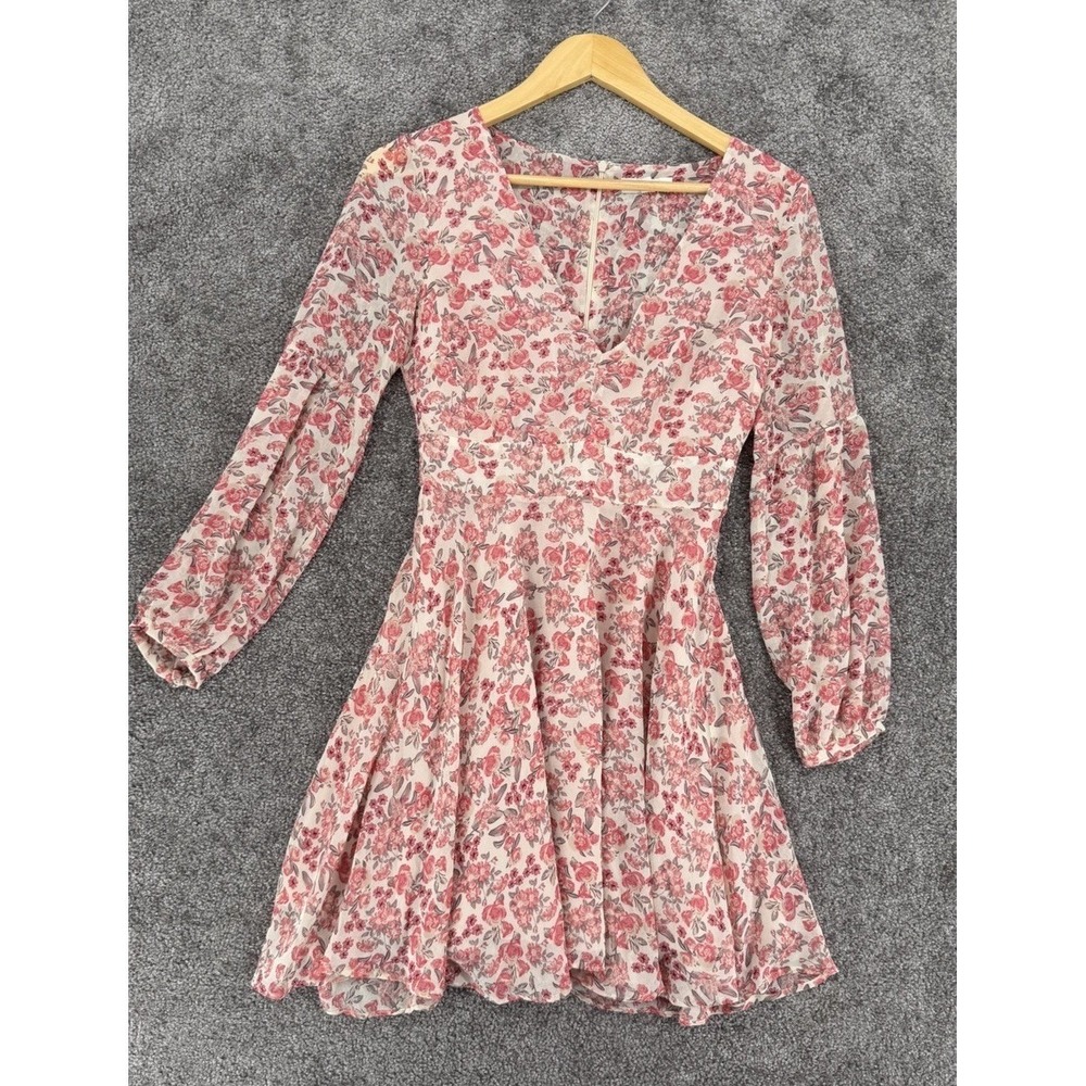 BB Dakota Women Pink Floral V-Neck Long Sleeve Mini Dress Size 0/XS Rose Print